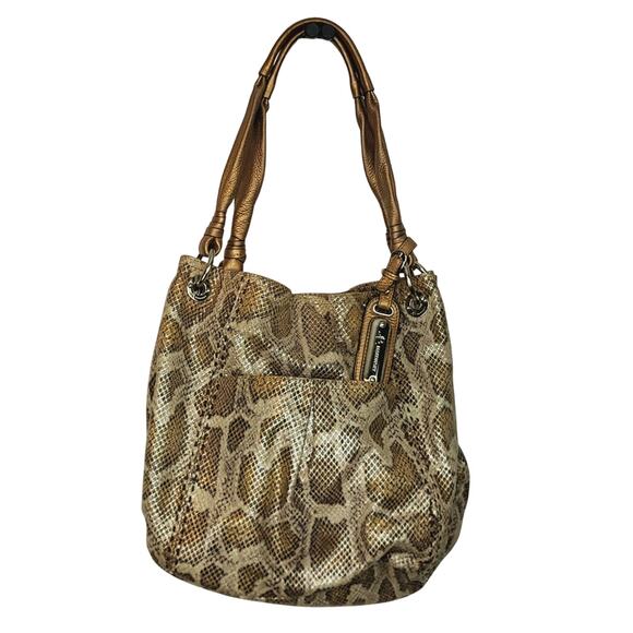 B. Makowsky Shiny Gold & Silver Python Print Soft Leather Satchel Shoulder Bag - Picture 1 of 16